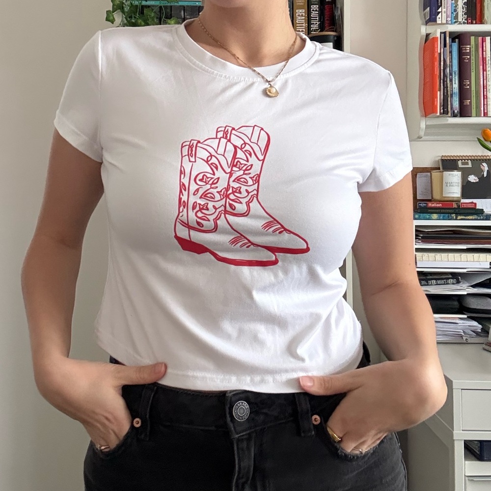 SHEIN White Tee with Red Boot Graphic